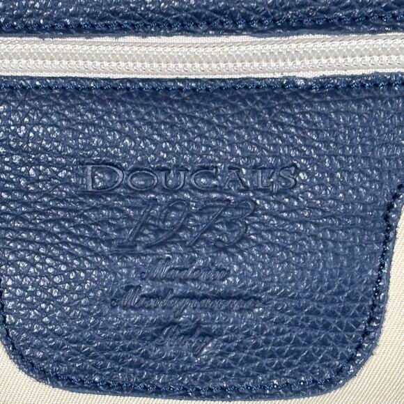 NAVY BLUE LEATHER DOUCALS WEEKEND DUFFEL BAG NWT - Picture 9 of 9